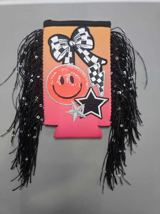 Glam Fringe Koozie – Retro Vibes & Rockstar Energy- Slim Can