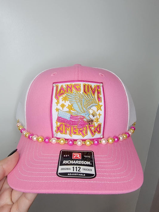 Pink “Long Live America” Trucker Hat with Beaded Hat Chain
