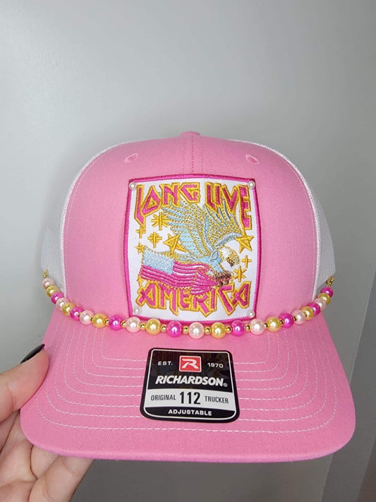 Pink “Long Live America” Trucker Hat with Beaded Hat Chain